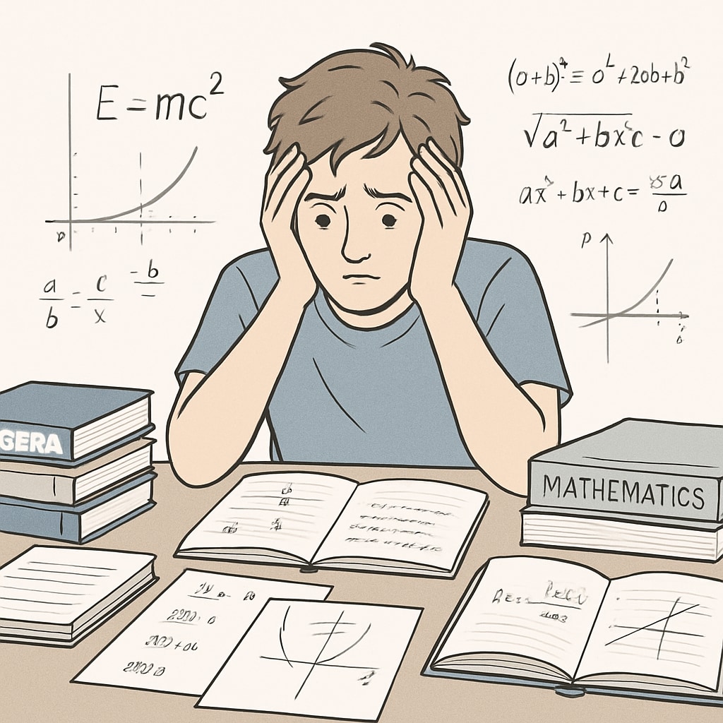 A student sitting at a desk, surrounded by textbooks and revision materials, appearing overwhelmed by the pressure of maths resits. A student overwhelmed by the pressure of GCSE maths resits preparation.