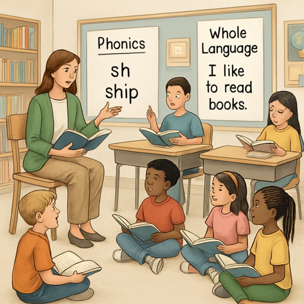 A classroom setting showing children engaged in a reading activity, highlighting both phonics and whole language methods. Children in a classroom reading activity with phonics and whole language methods.