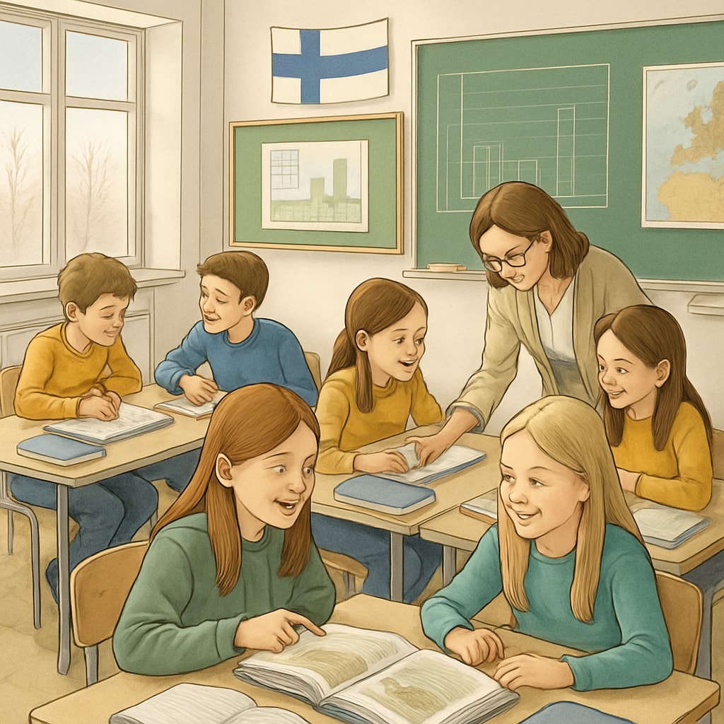 A classroom in Finland showing students engaged in collaborative and supportive learning activities. Finnish classroom with students engaging in collaborative learning, highlighting balanced education.
