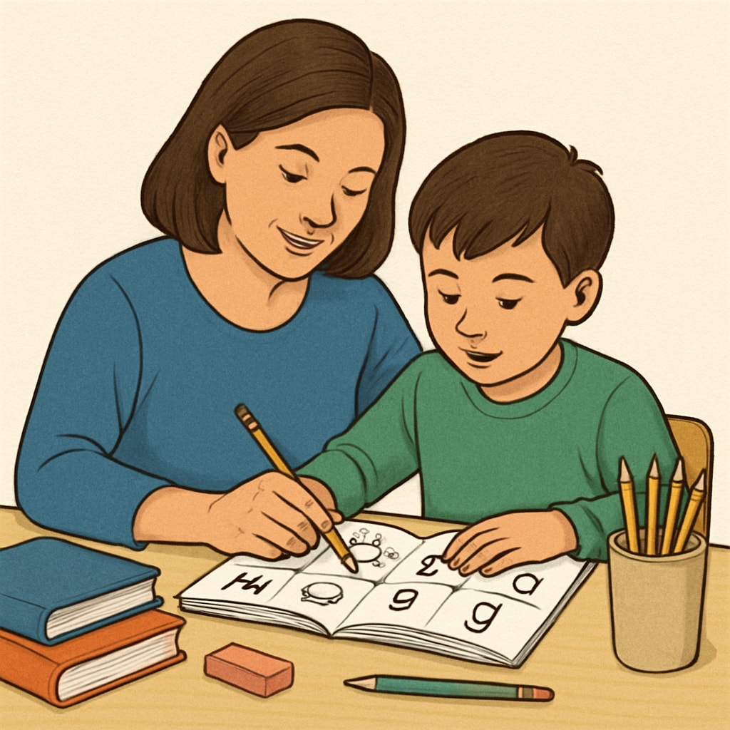 A parent and child working on a phonics-based workbook at home, symbolizing parental involvement. Parent and child using a phonics workbook for reading practice.