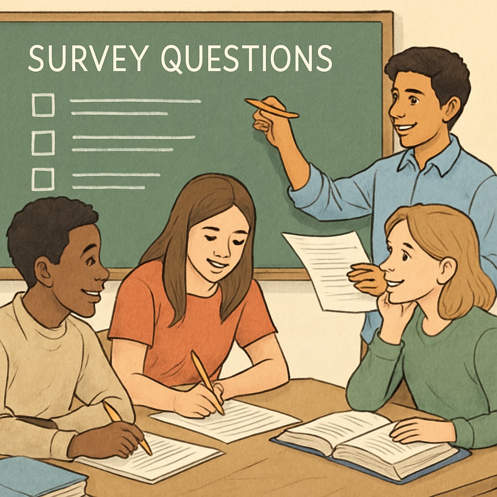 Group of students working together on survey design in a collaborative classroom activity.