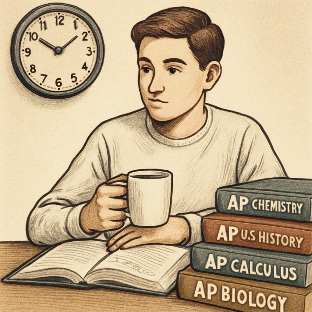 A high school student studying AP course materials with a cup of coffee, emphasizing time management. Student organizing time for AP courses with effective study habits.