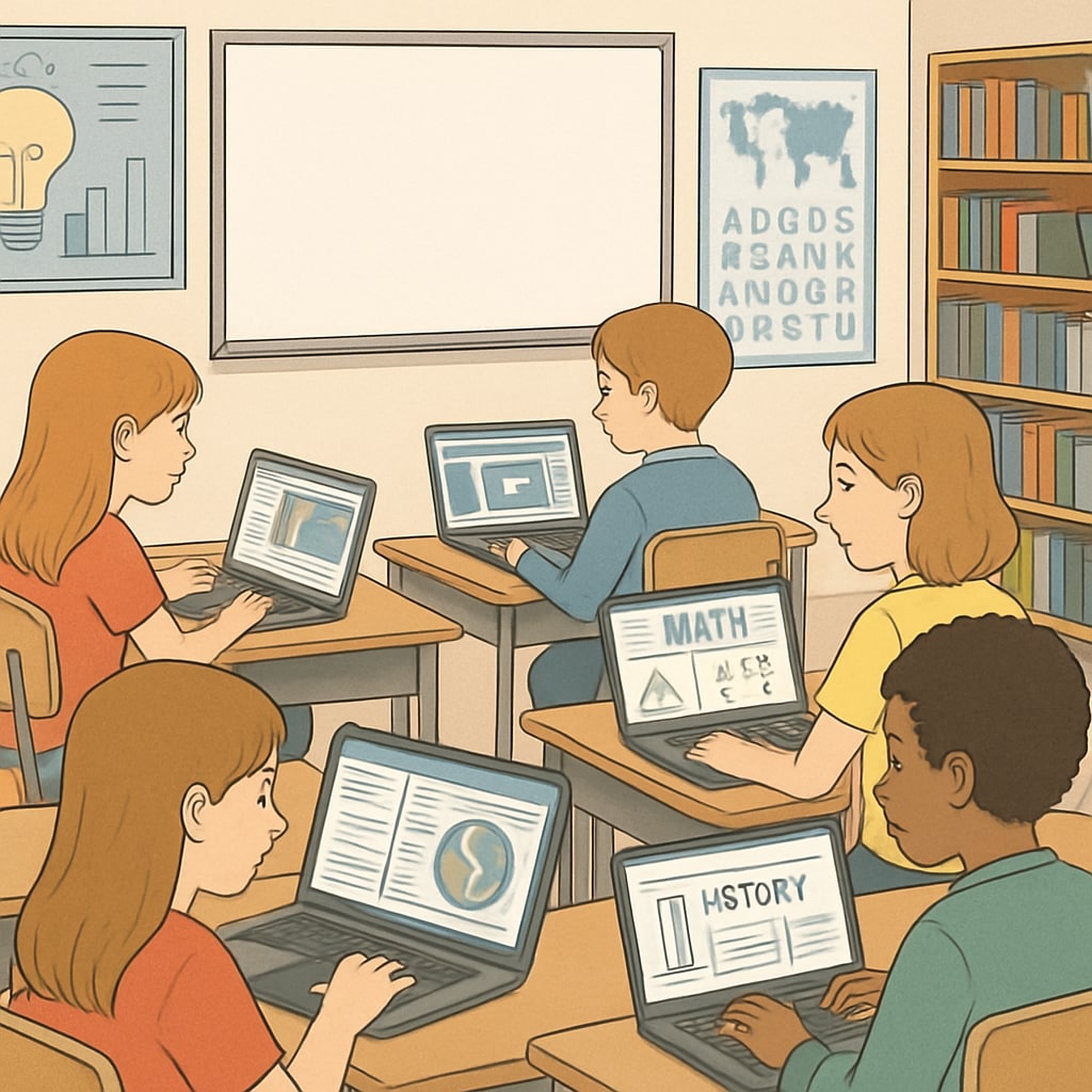 Students using laptops in a classroom for online learning, related to Internet age verification laws.