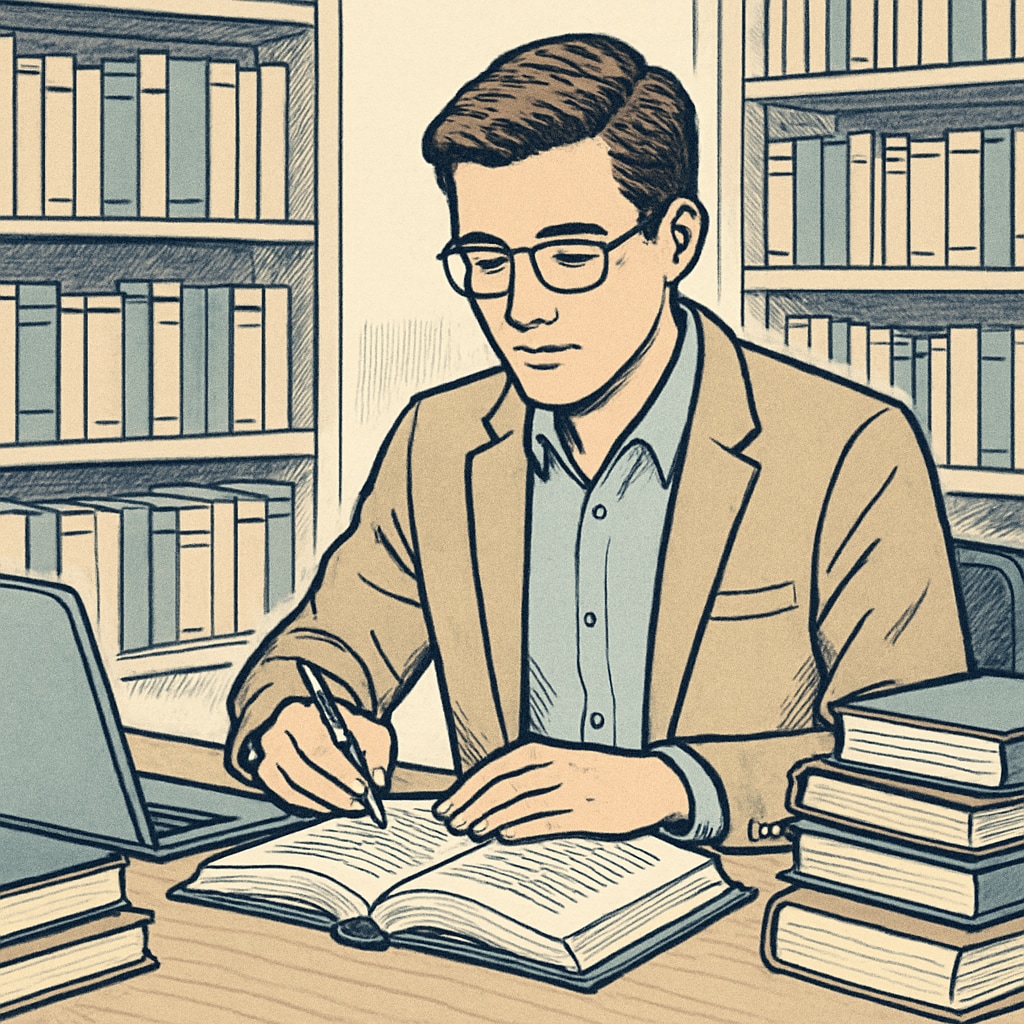 A professional in their late 20s or early 30s studying in a library, surrounded by books and a laptop. A young professional studying in the library, representing career growth and education.