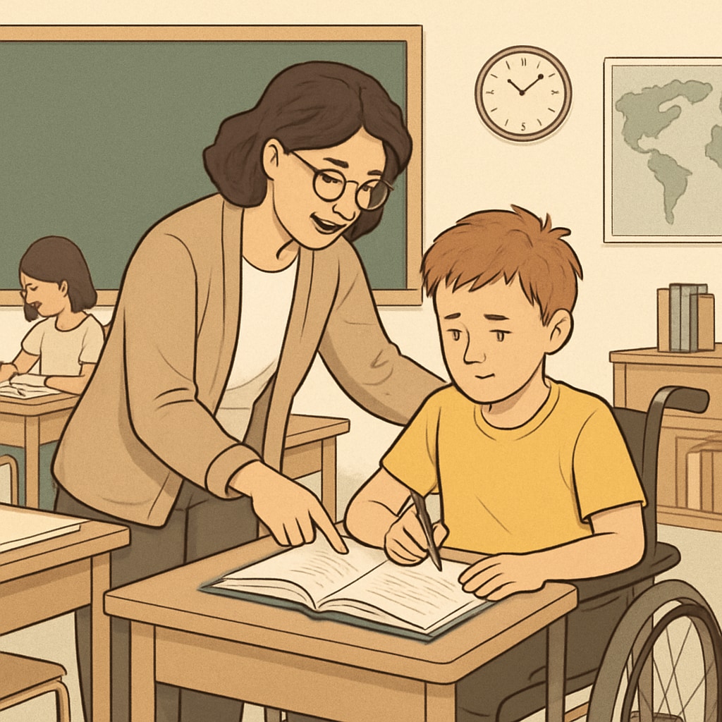 Teacher helping a student with learning difficulties in a classroom setting.
