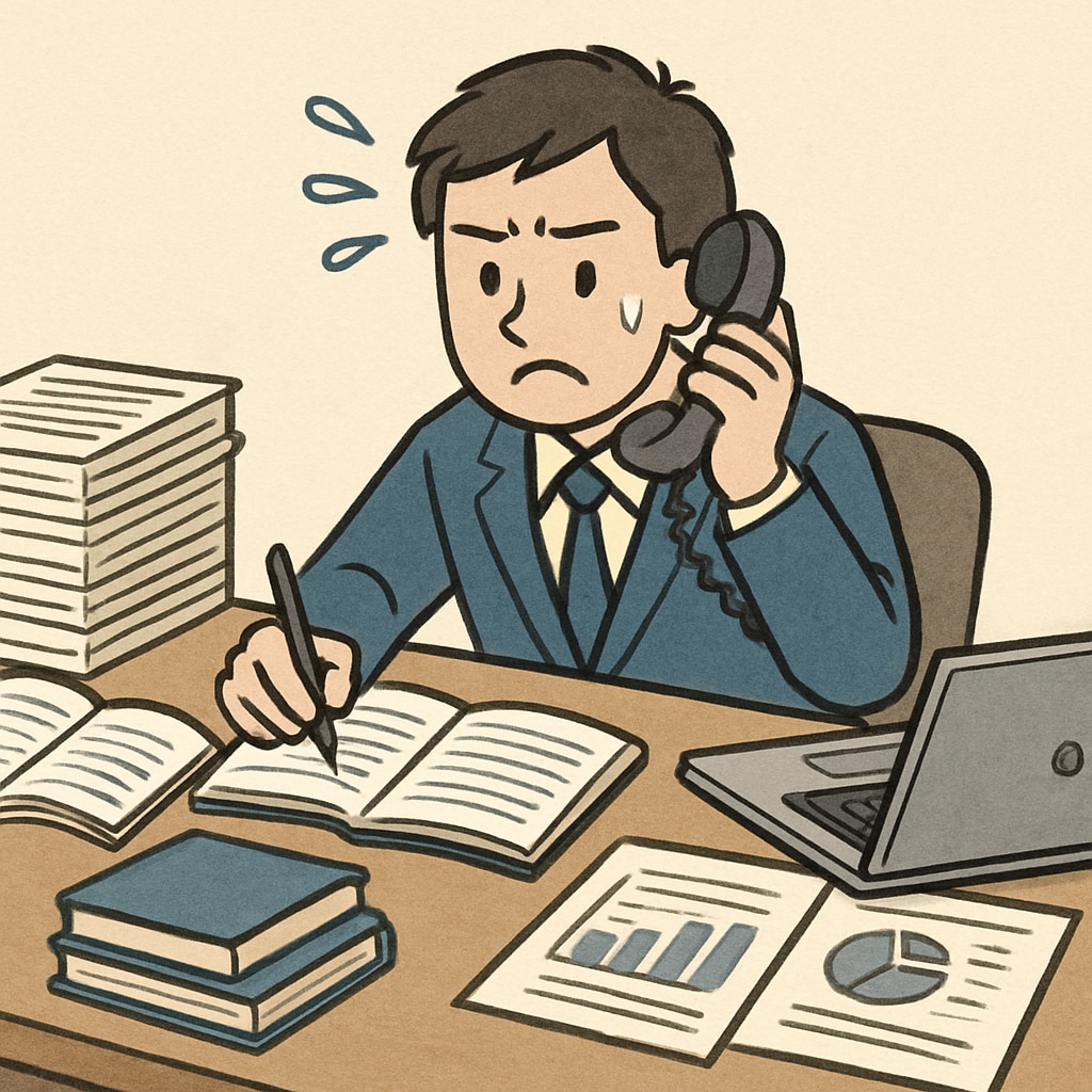 A stressed professional multitasking at their desk, with work documents and study materials scattered around. A professional managing work and studies, highlighting time management challenges.