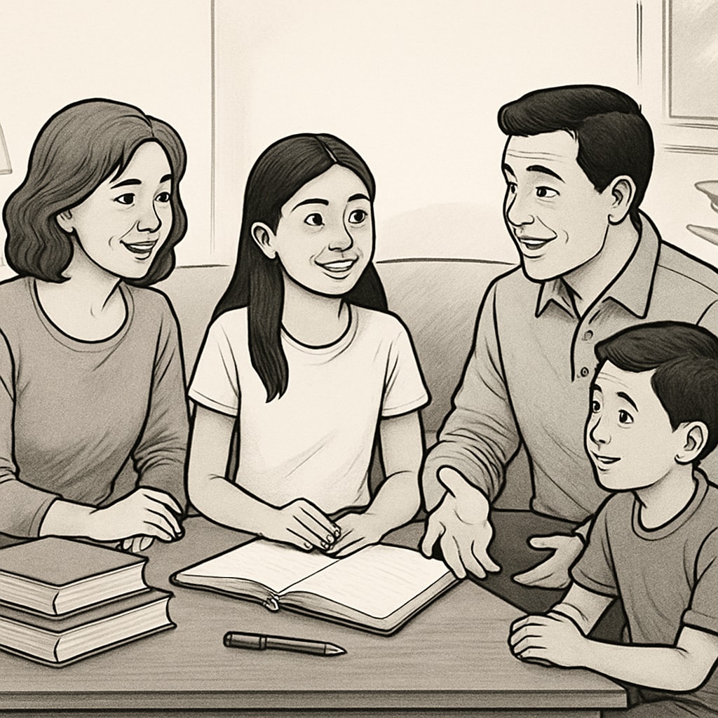 Family discussing academic challenges and goals with a student.