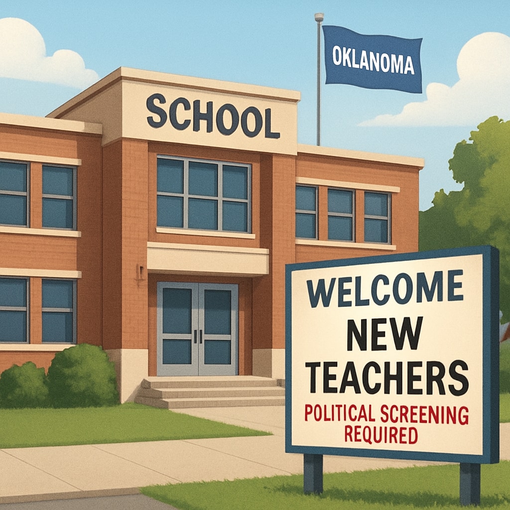 An Oklahoma school building with a welcoming sign for teachers, illustrating the policy's context.