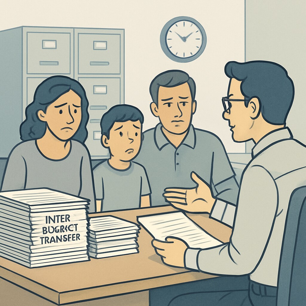 A visual representation of a family struggling with inter-district transfer paperwork in an administrative office. Family dealing with inter-district transfer issues in an office setting.