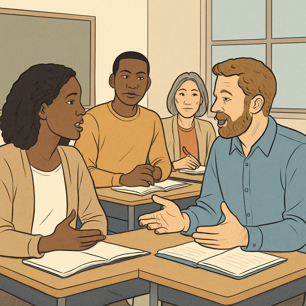 A group of adult learners in a classroom, engaging in a discussion, representing diverse backgrounds and ages. Adult learners discussing in a classroom, symbolizing diverse education pathways.