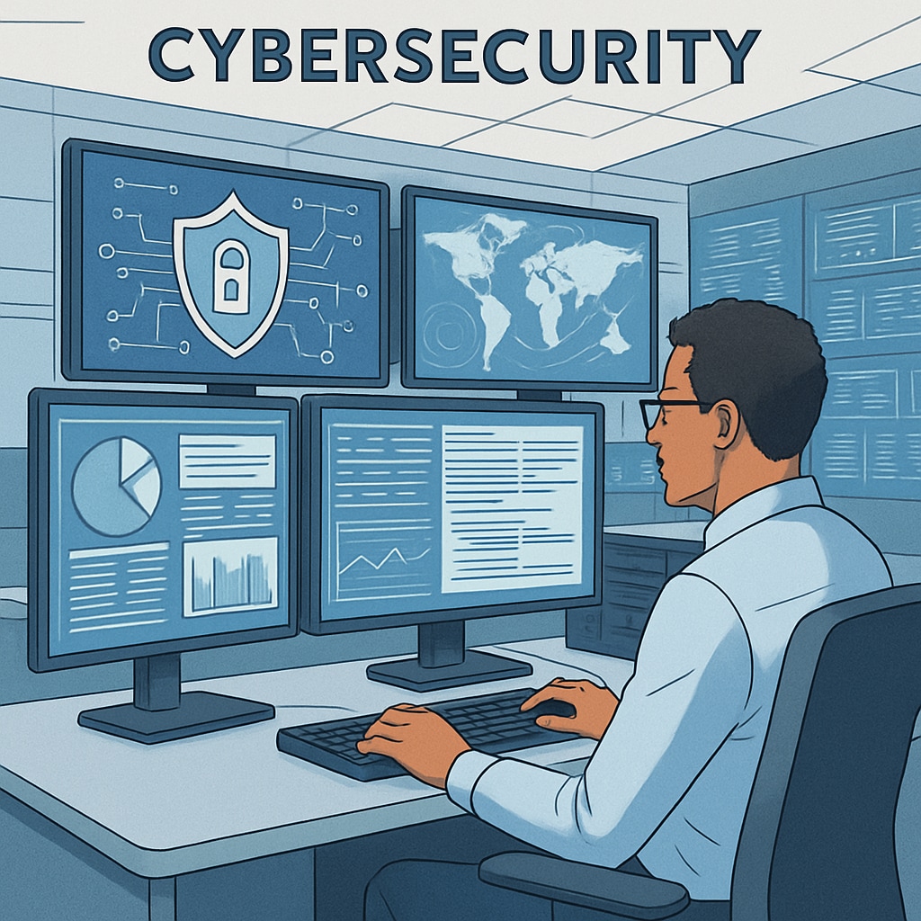 Cybersecurity professional monitoring multiple screens in a command center.