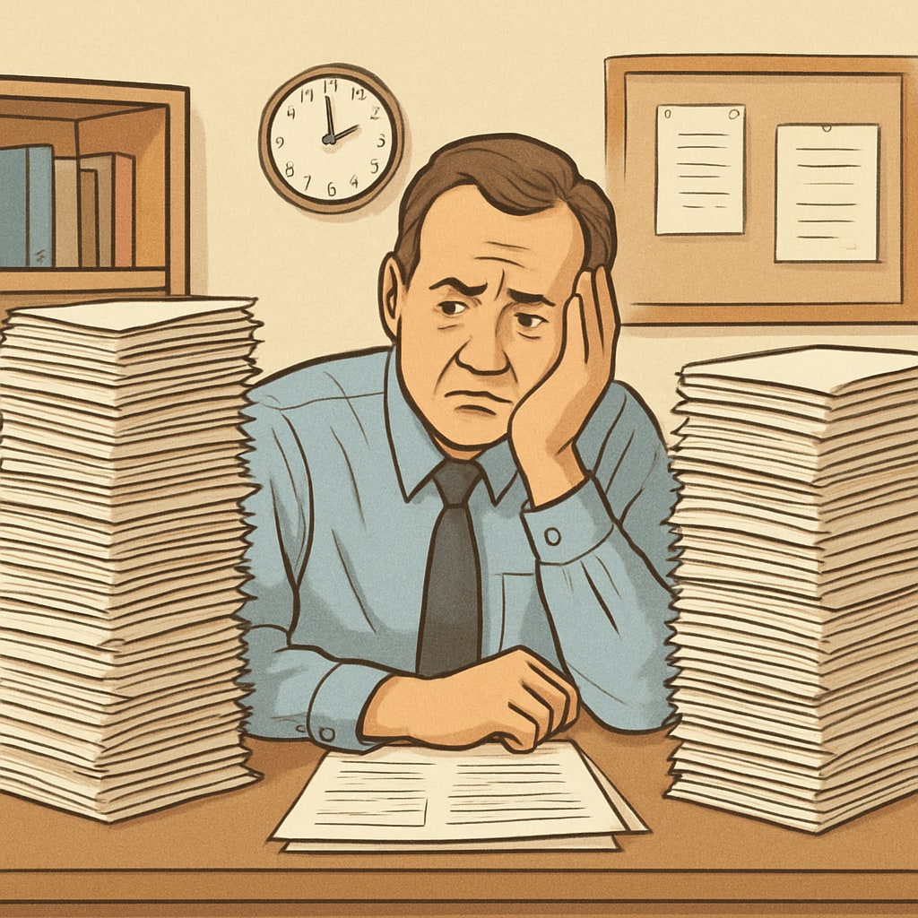 A school administrator looking overwhelmed by stacks of paperwork, symbolizing bureaucratic inefficiency in inter-district transfers. Administrator surrounded by paperwork, highlighting inefficiency in school transfers.