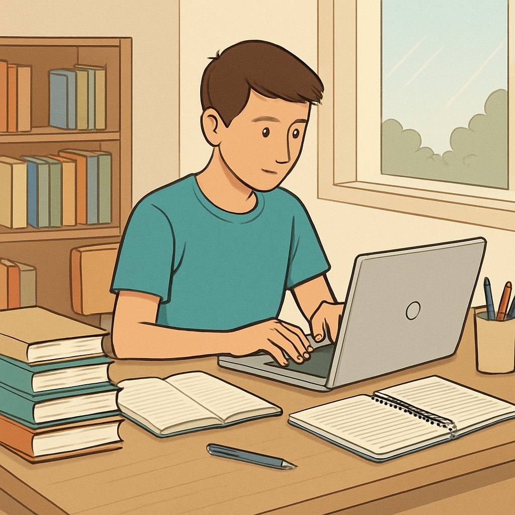 A student working on a laptop at home, surrounded by study materials, symbolizing online and flexible learning options. Student studying at home with a laptop and materials, representing flexible study options.