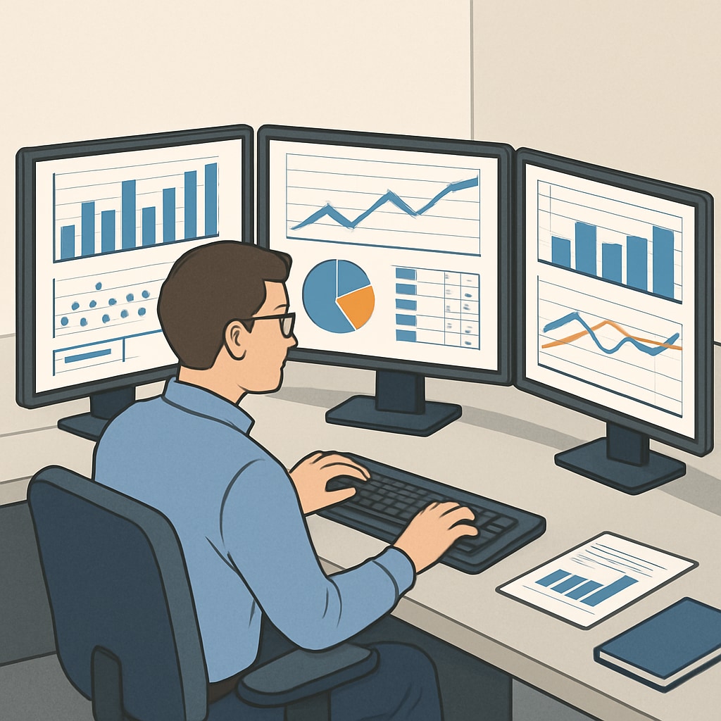 Data scientist analyzing large data sets with charts on monitors.