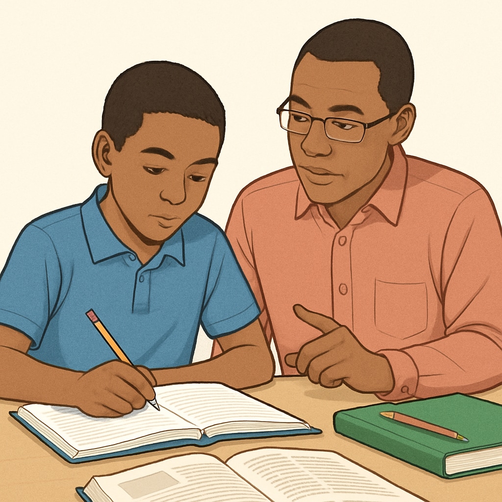Parent and middle school student working on homework to address academic struggle and parental involvement.