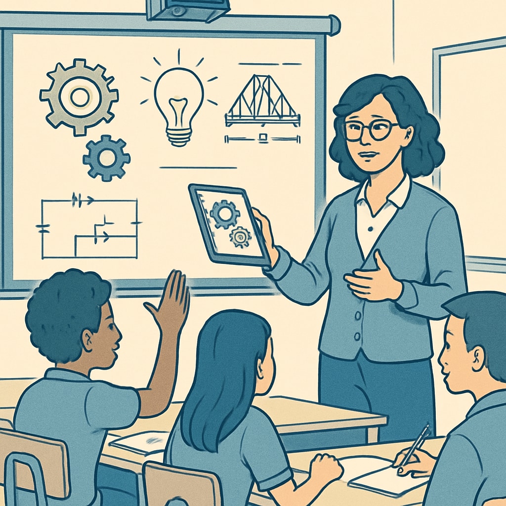 A professional STEM educator conducting an interactive lesson using digital tools, showcasing the intersection of education and engineering. STEM educator teaching with digital tools, relevant to