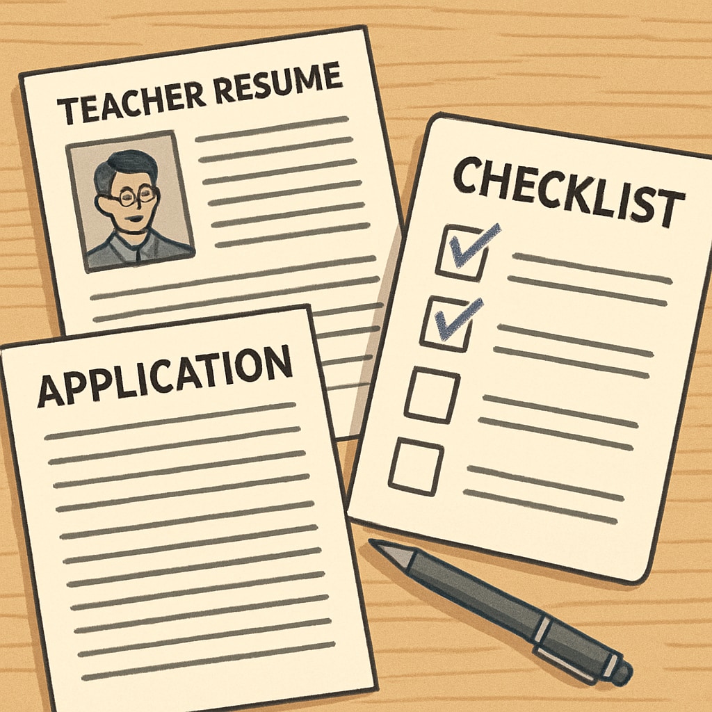 Teacher application documents with checklist indicating political screening in hiring process.