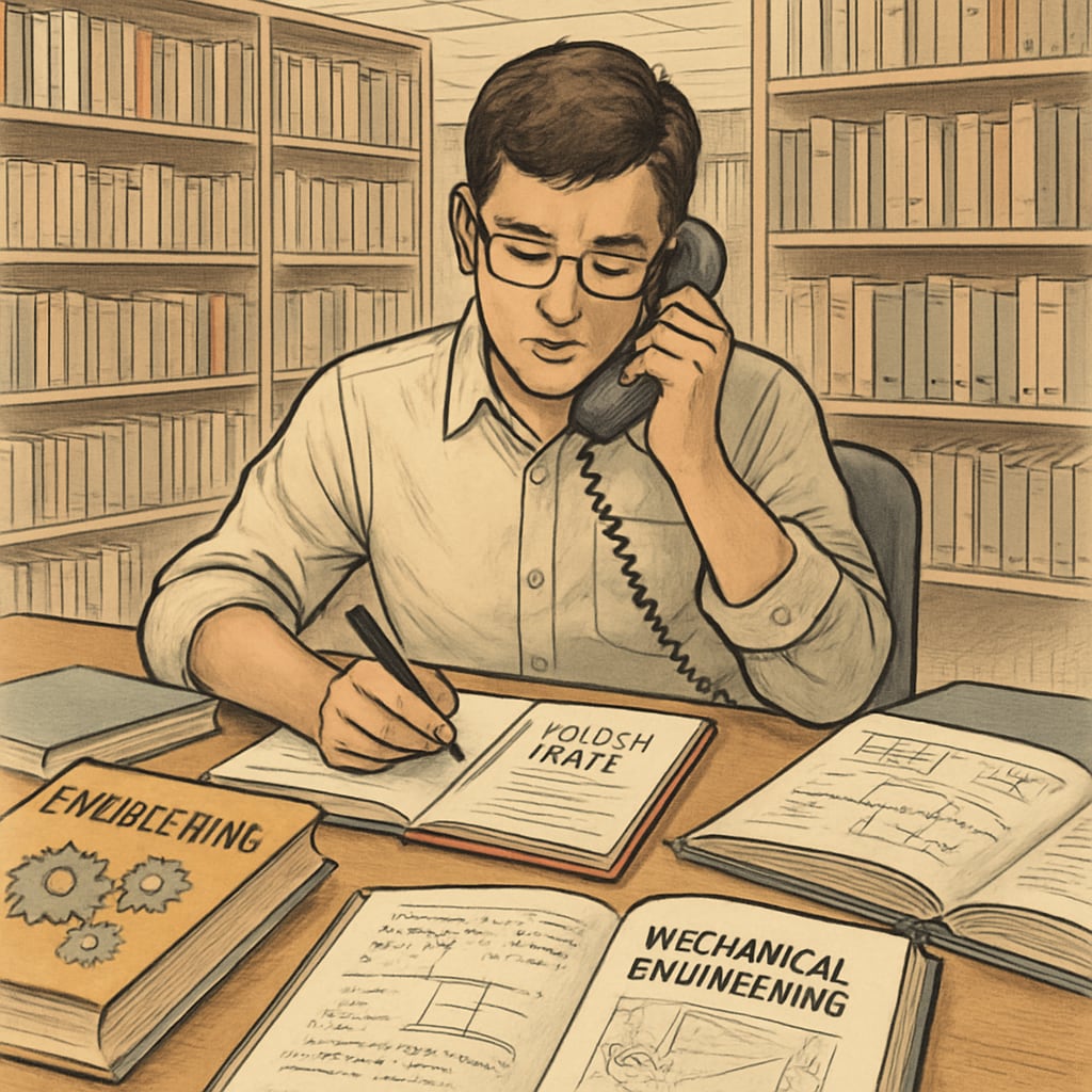 A student balancing engineering coursework and teaching practicum in a library setting, illustrating the challenges of a dual degree program. Student juggling education and engineering tasks, relevant to