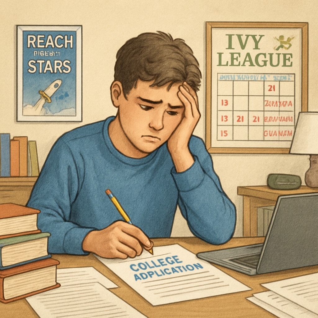 A high school student stressed while preparing college applications, symbolizing the pressures of Ivy League aspirations. Stressed high school student preparing college applications for Ivy League schools.