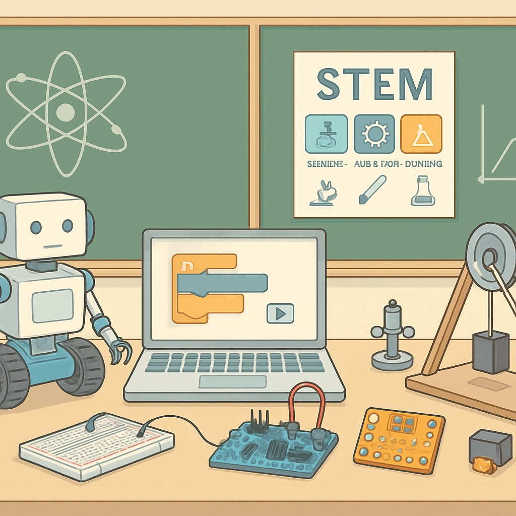 Interactive STEM classroom with robotics and coding tools related to education engineering dual degree.