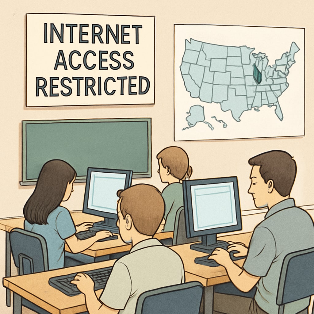 A classroom with students using computers, symbolizing restricted internet access due to state-level regulations. Classroom scene showing students using computers with limited internet due to state regulations.