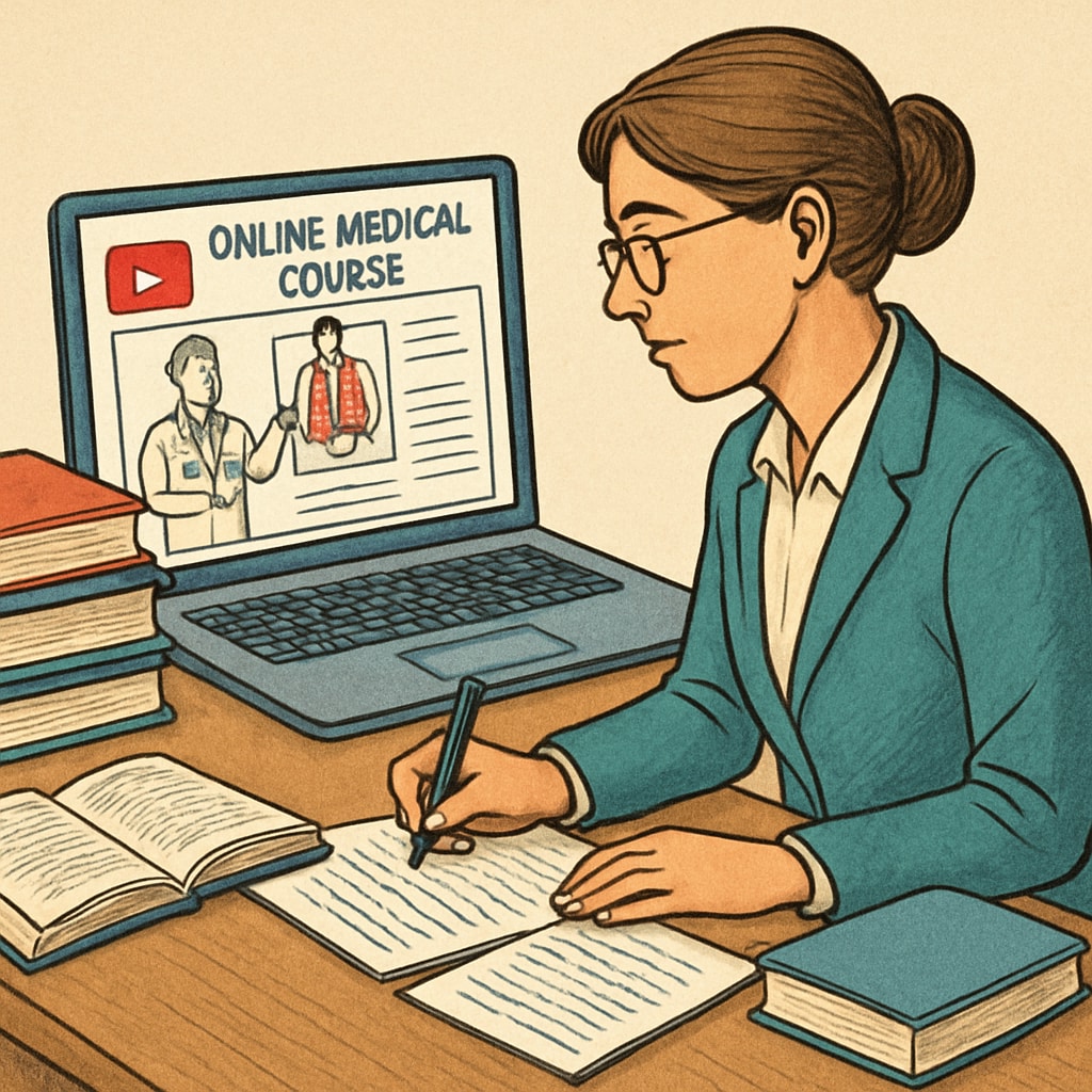 A teacher studying an online medical course with a laptop, emphasizing professional development. A teacher engaged in an online course related to medical education for non-medical professionals.