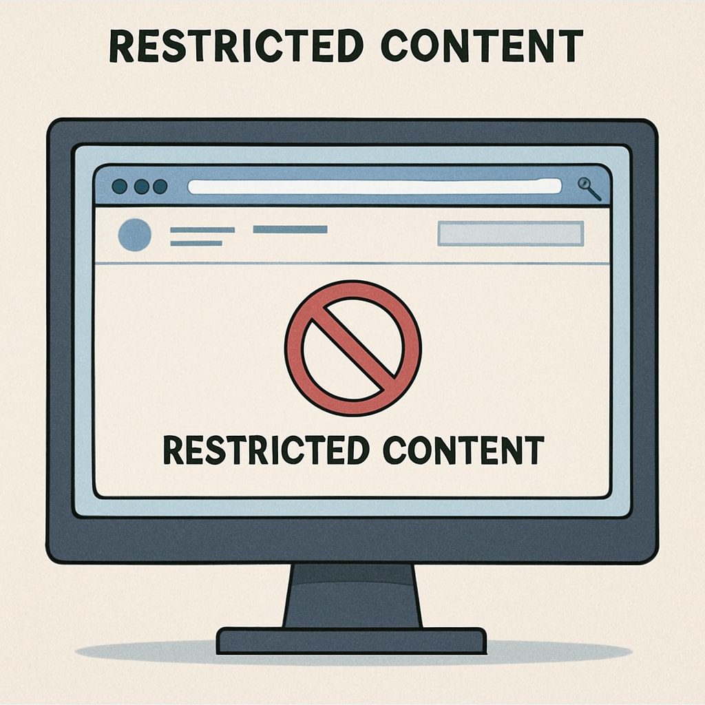 A computer screen displaying a blocked website with a Screen showing a blocked website due to content filters affecting K-12 education.