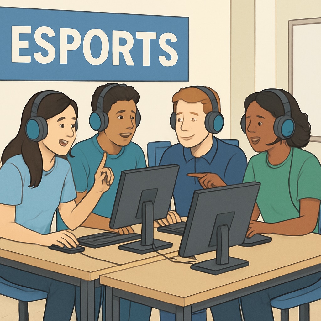 A group of high school students participating in an esports tournament, demonstrating teamwork and focus. High school students in an esports tournament, showcasing teamwork and focus in education.