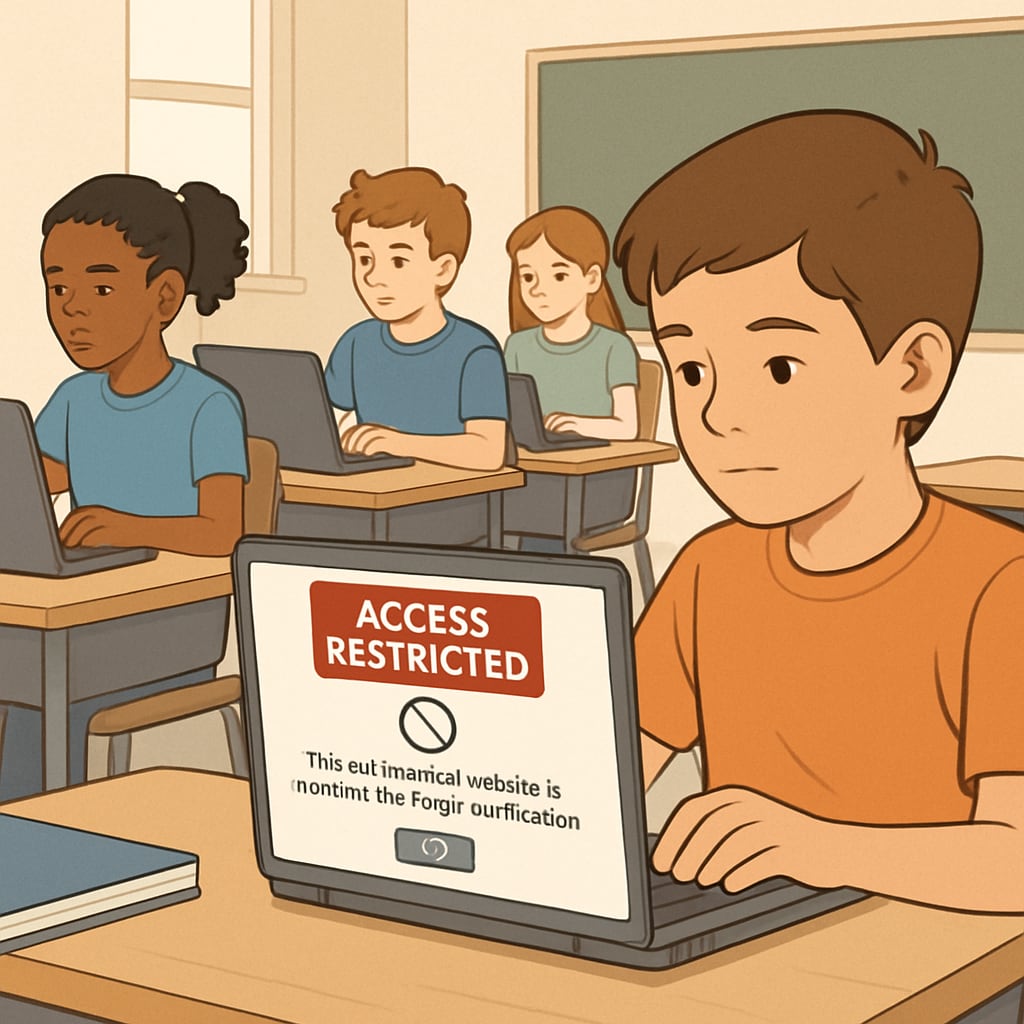 A group of K-12 students using laptops in a classroom setting, symbolizing restricted access to educational websites due to age verification laws. K-12 students using laptops, representing age verification laws limiting educational access.