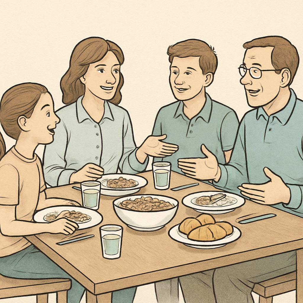 A family sitting together at the dining table, discussing plans and bonding over a meal. Family discussing healthy habits and learning goals.