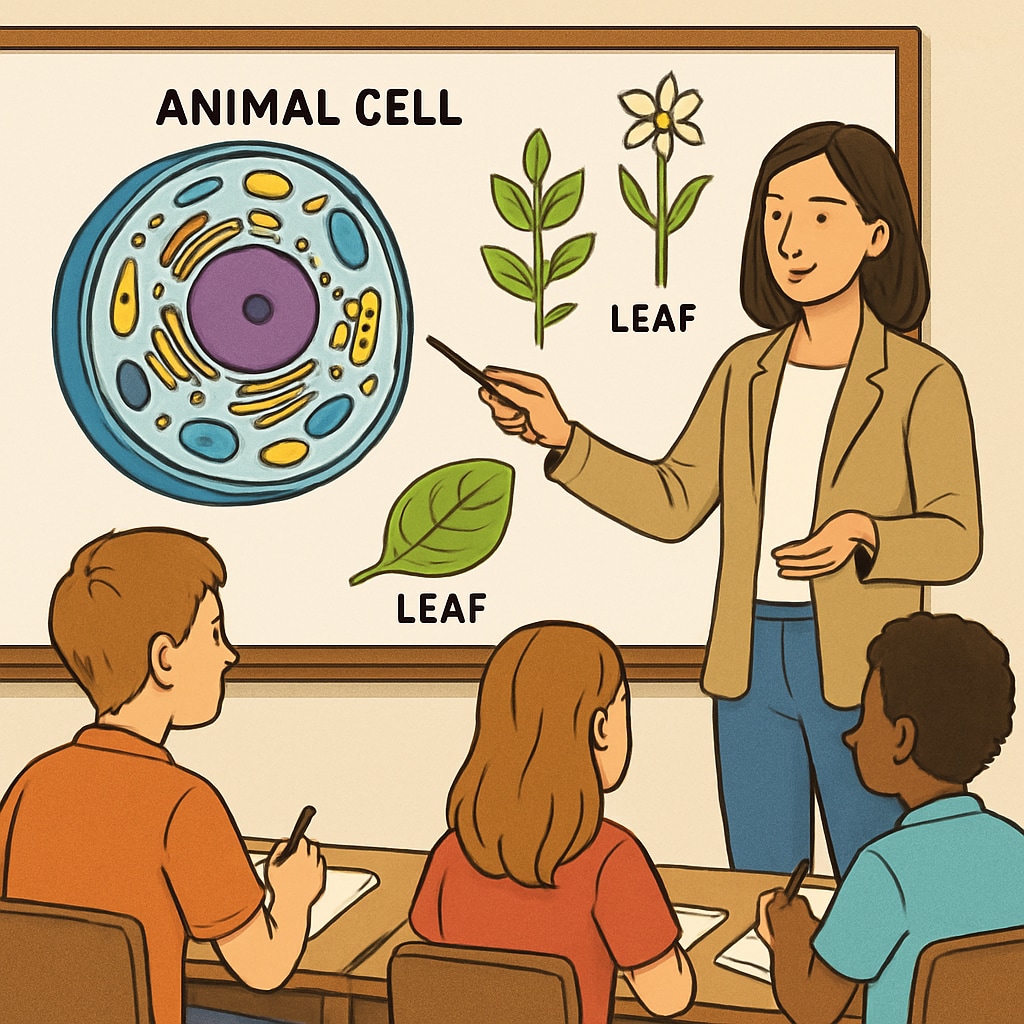 A teacher explaining biology concepts to students in a classroom setting. The image highlights the application of scientific knowledge in an educational environment. A biology graduate teaching students in a classroom as part of their education master's journey.