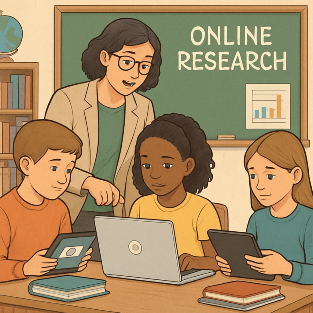 An educator guiding students through an online research project, symbolizing the balanced use of technology to comply with age verification laws. Educator working with students on laptops, showcasing safe online education under age verification laws.