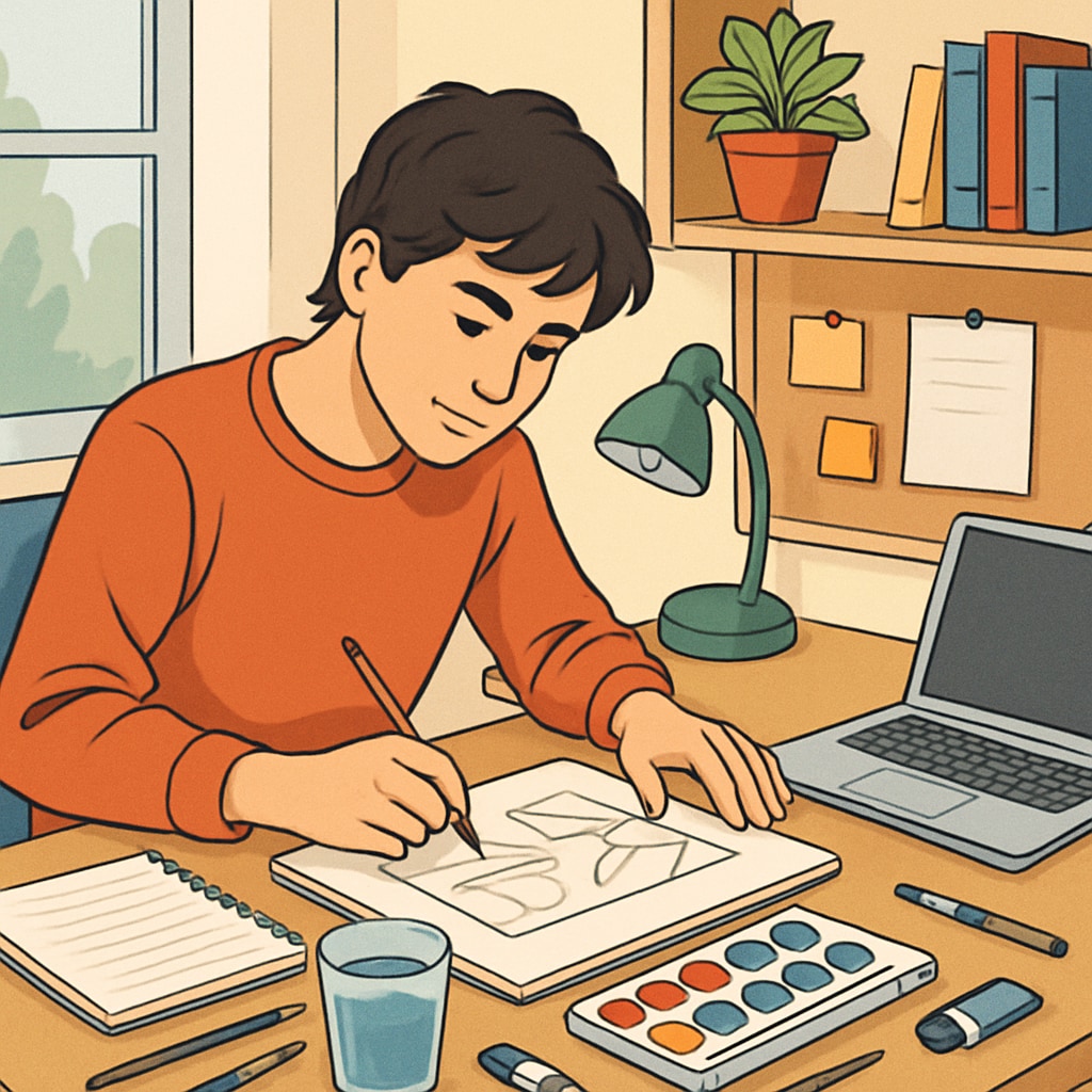 A teenager working on a creative project, such as designing a video game or painting, in a comfortable study space. Teen engaged in a learning activity inspired by their interests.