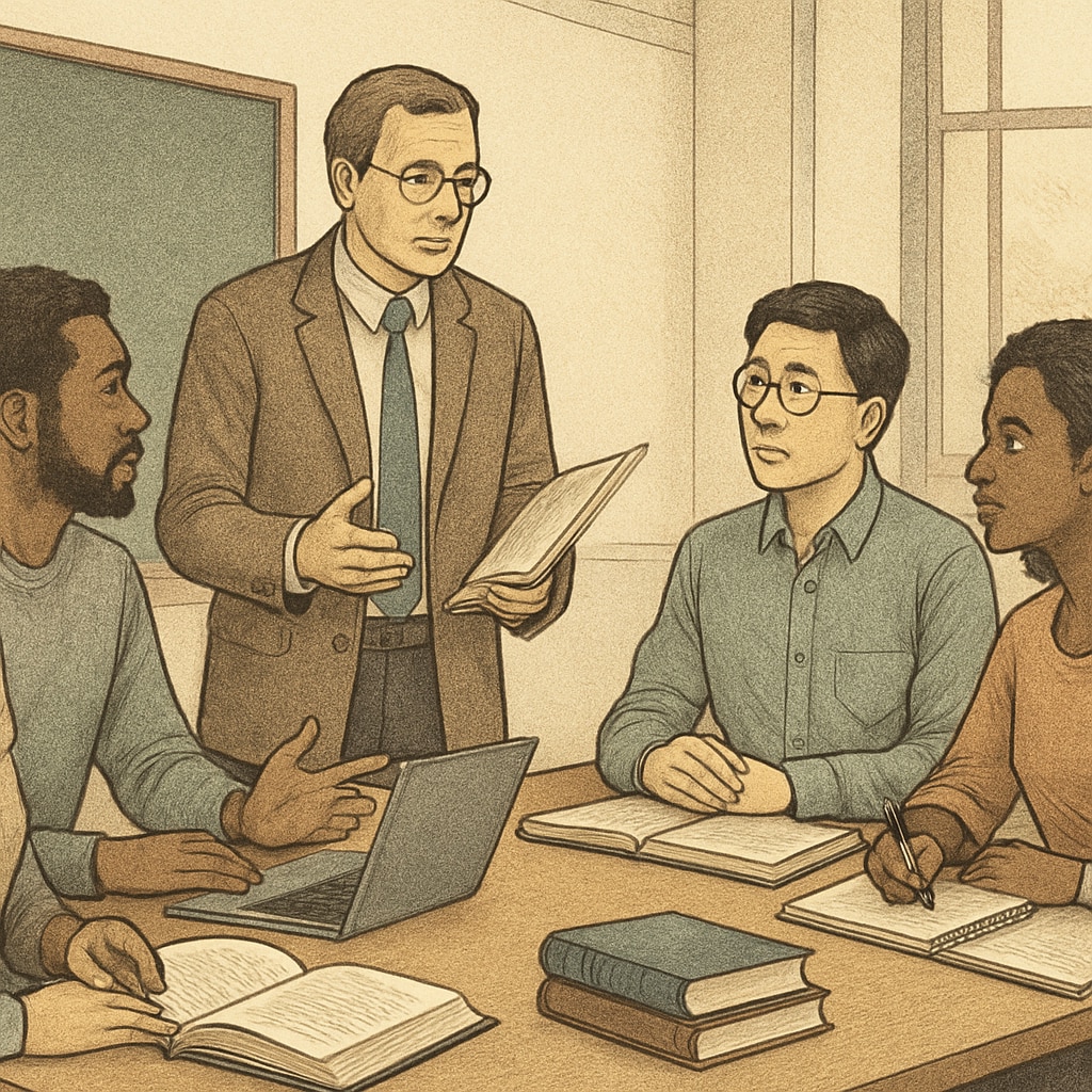 A diverse group of graduate students discussing educational topics in a university classroom, symbolizing interdisciplinary collaboration. Graduate students from diverse backgrounds collaborating on educational research in a master's program.