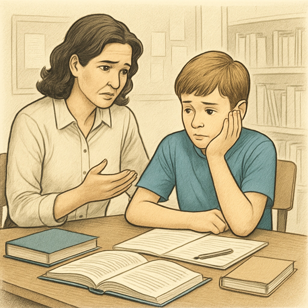 A concerned parent discussing academic performance with a middle school student. The parent is seated next to the student, showing empathy and guidance. Parent helping middle schooler with academic struggles and motivation.