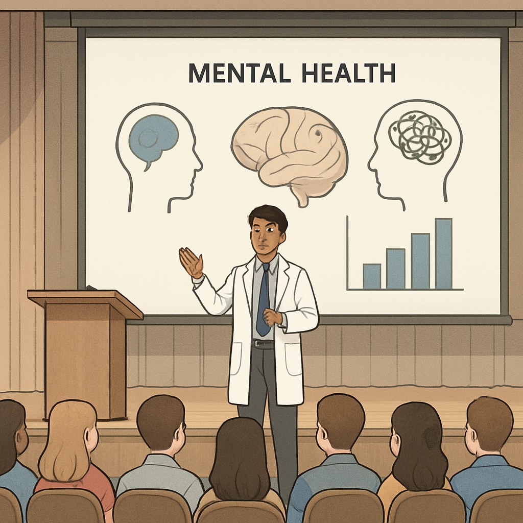A speaker, possibly a medical student, giving a presentation to attentive high school students in a school auditorium about mental health topics. Medical student presenting mental health topics to high school students in an assembly.