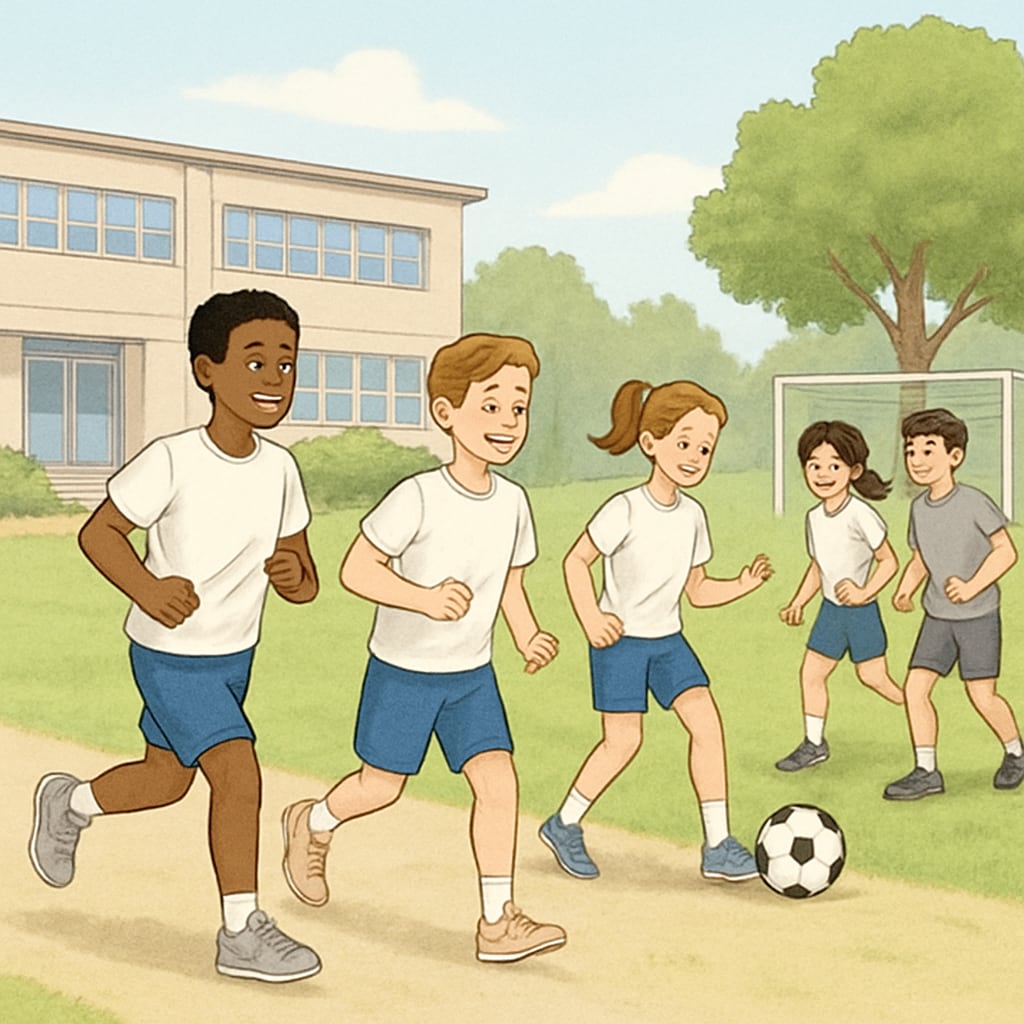 A group of middle school students engaging in physical activity outdoors, such as jogging or playing soccer, promoting healthy habits and teamwork. Middle school students practicing healthy lifestyle habits through physical activity.
