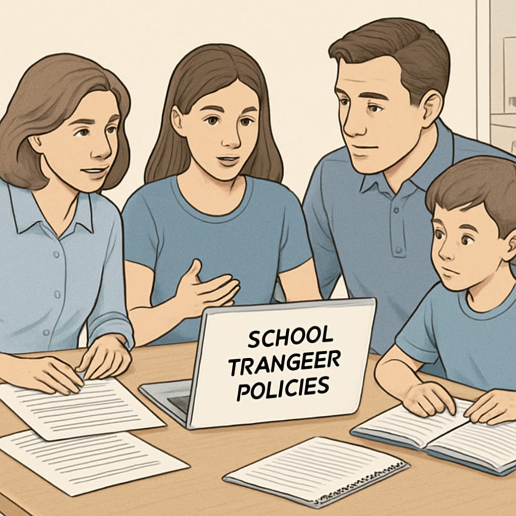 A family researching school transfer policies online, equipped with documents and a laptop. Family researching school transfer policies, emphasizing proactive strategies.