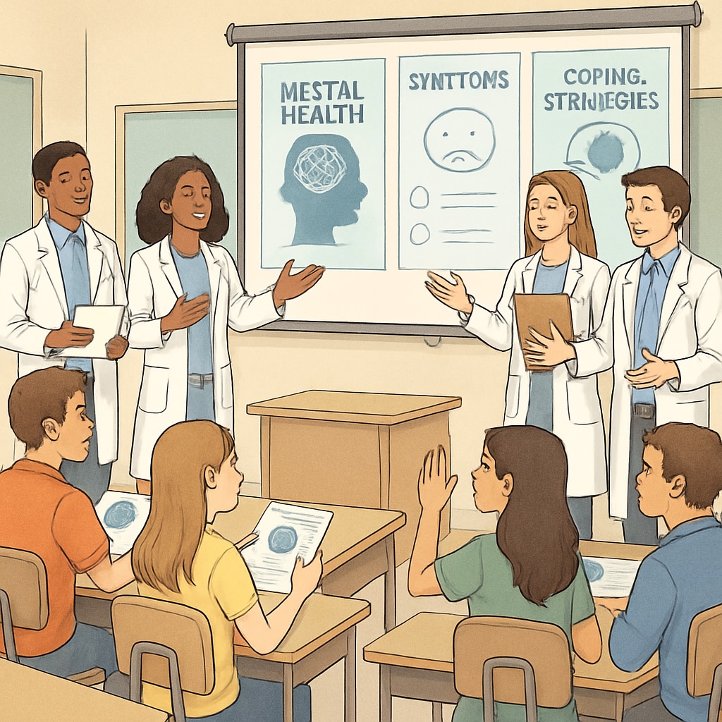 Medical students conducting an interactive mental health workshop with high school students, featuring visual aids such as slides or handouts. Interactive mental health workshop led by medical students for high school students.