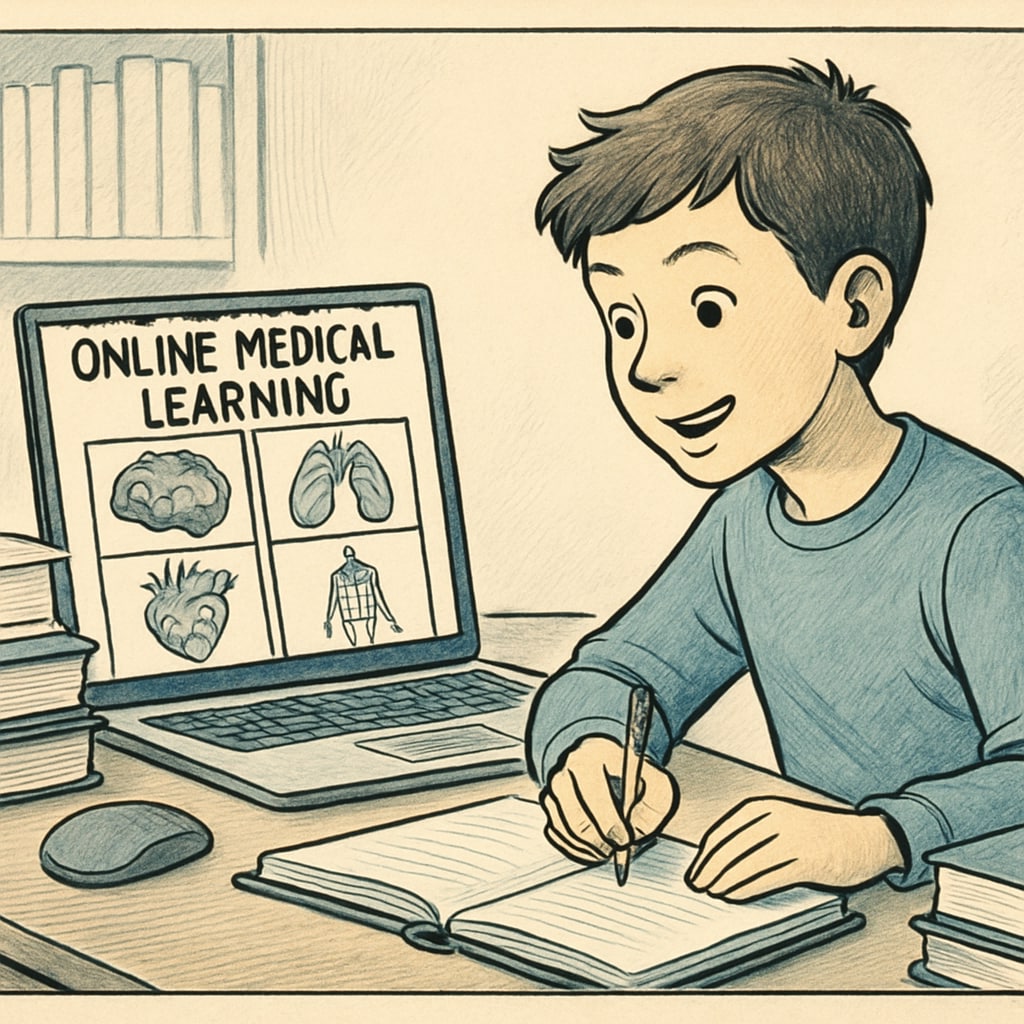 A young student engaging with an online medical learning platform, surrounded by books and a laptop. The student appears focused and excited to explore the subject. Student learning through an online medicine course, showcasing non-medical learners exploring education.
