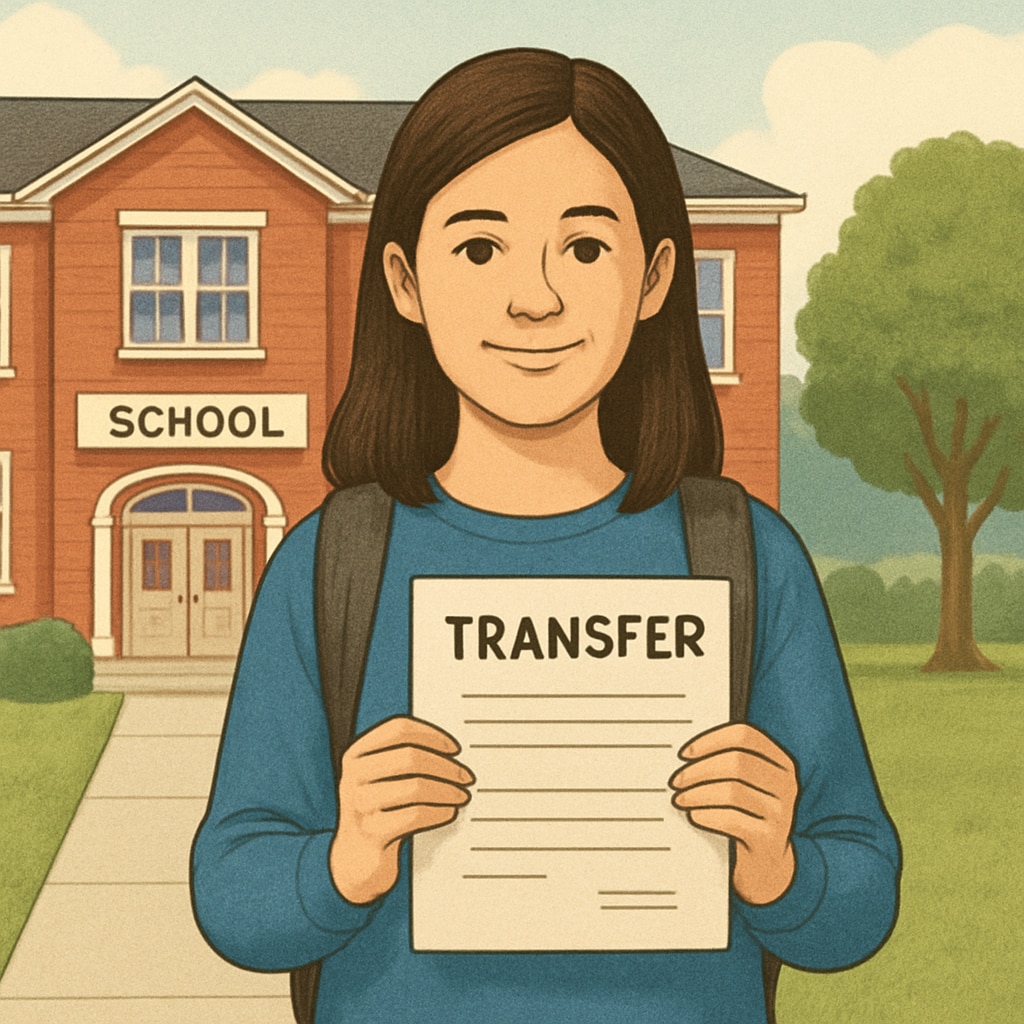 A student holding transfer paperwork in front of a school building. Student with school transfer documents, symbolizing administrative barriers.