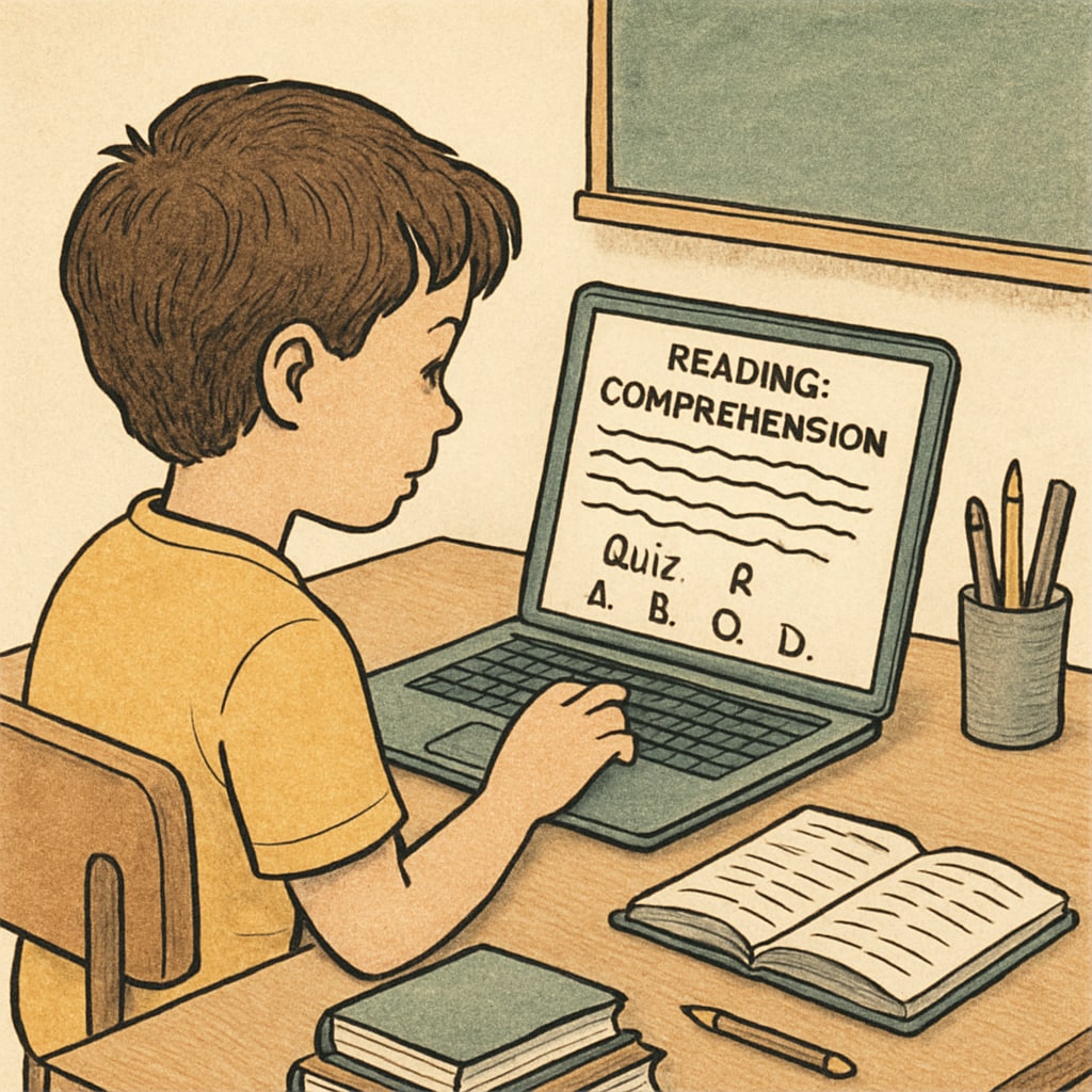 A child using a laptop to take a reading comprehension quiz. A child engaged in a free reading comprehension test on a laptop.