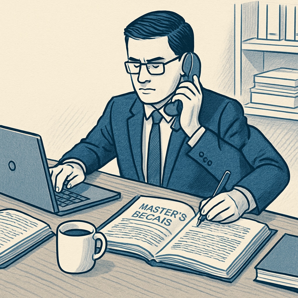 A professional multitasking between work responsibilities and studying for a master's degree. The image showcases a desk with a laptop, books, and a coffee mug. Balancing work and academic commitments for a master's degree.