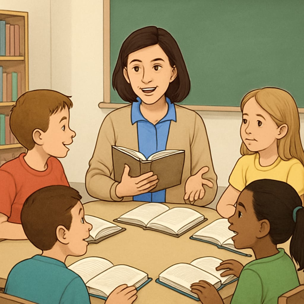 A teacher facilitating a book discussion with a group of young students. A teacher encouraging students to discuss books, promoting reading motivation.