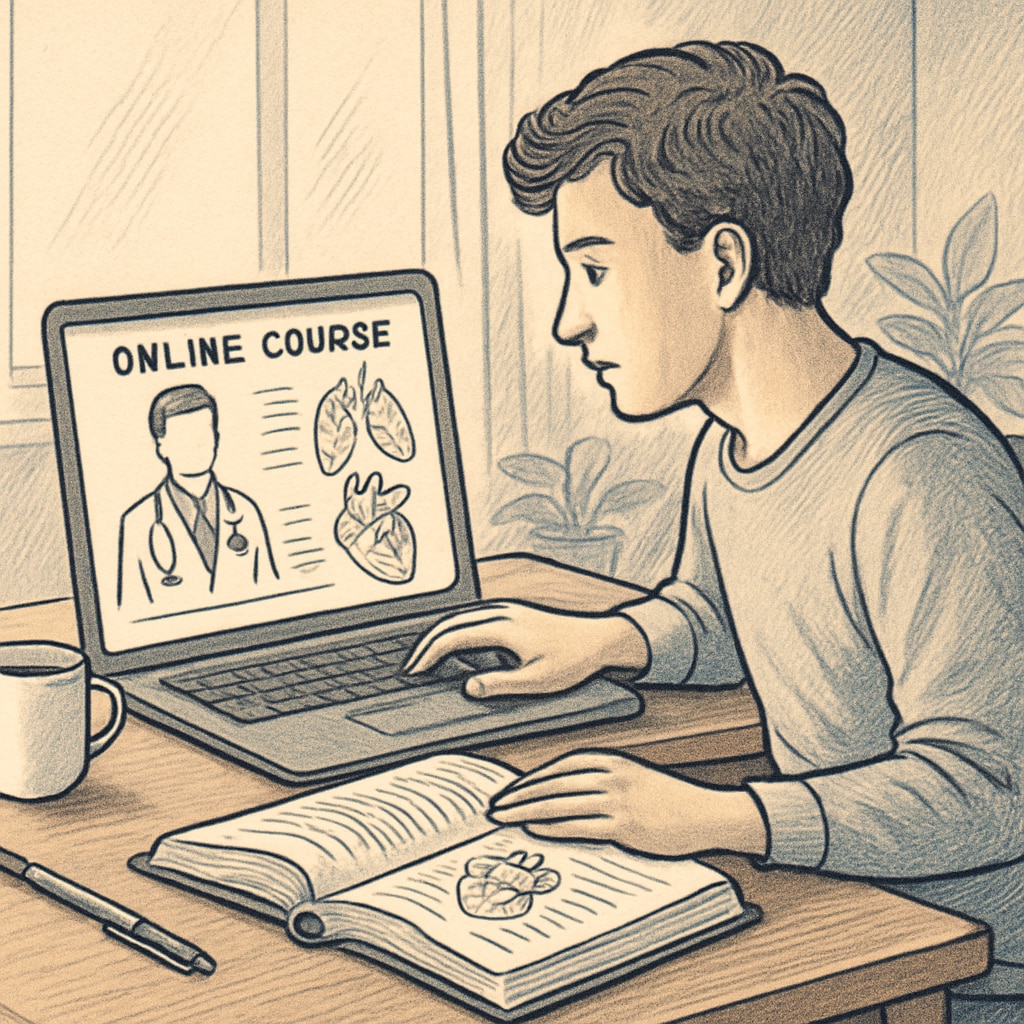 A young adult studying medical concepts using an online course platform on a laptop. The image portrays learning in a modern and accessible format. Young adult engaging in online medical education through a laptop.