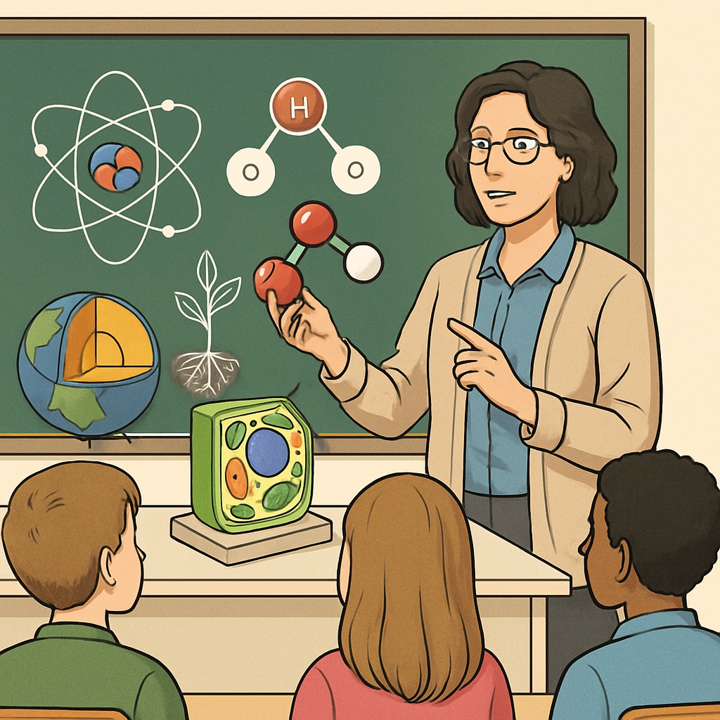 A classroom setting where a teacher is explaining scientific concepts to students using models and diagrams. Biology graduate teaching science concepts in a classroom.