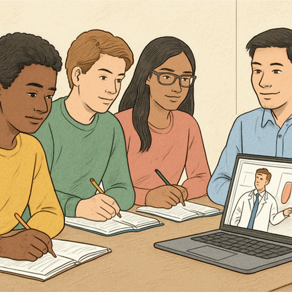 A diverse group of students interacting in an online medical education webinar. The image highlights collaborative learning for non-medical audiences. Students participating in an online medical education webinar.