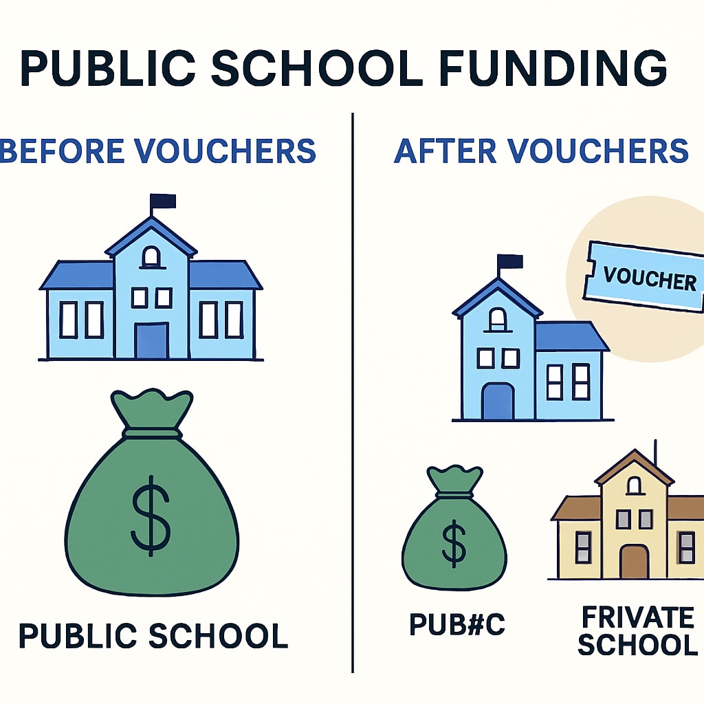 A visual chart comparing public school funding before and after the introduction of education vouchers, highlighting disparities. Financial impact of education vouchers on public and private schools.