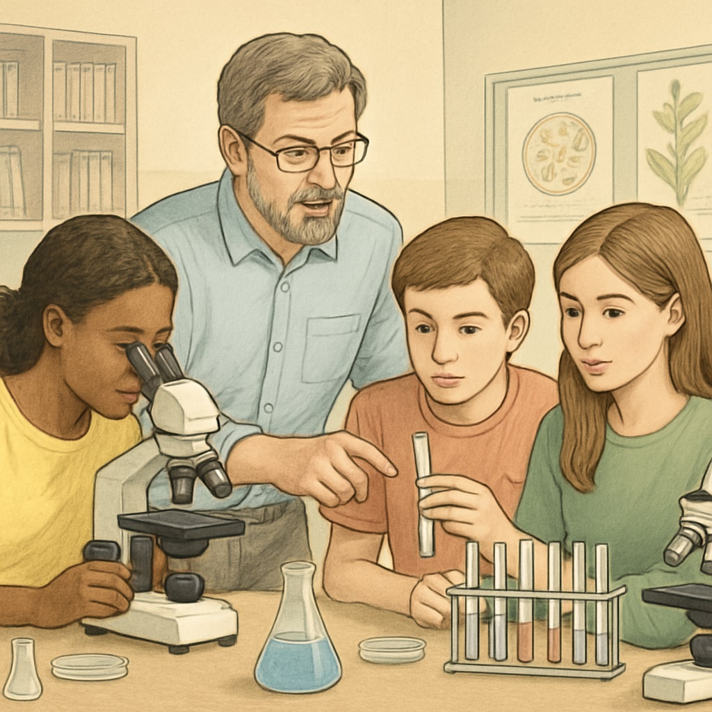 A high school biology teacher conducting a hands-on experiment with students in a laboratory. Biology teacher guiding students in a lab experiment.