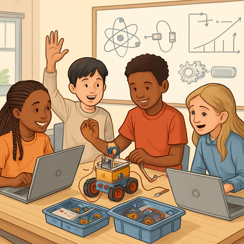 A group of students engaging in a STEM activity at a public school, demonstrating innovation in education. Students participating in STEM-focused extracurricular activities in public schools.